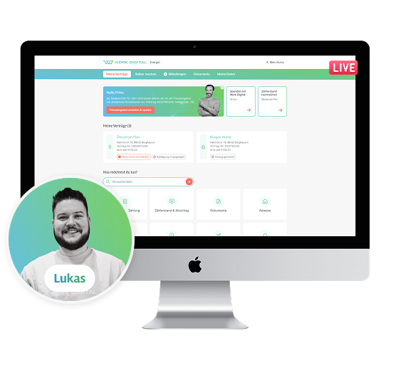 Mock-up eines IMac mit der Startseite zum Kundenportal zur Visualisierung einer Live Demo. Davor Portrait von Sales Manager Lukas