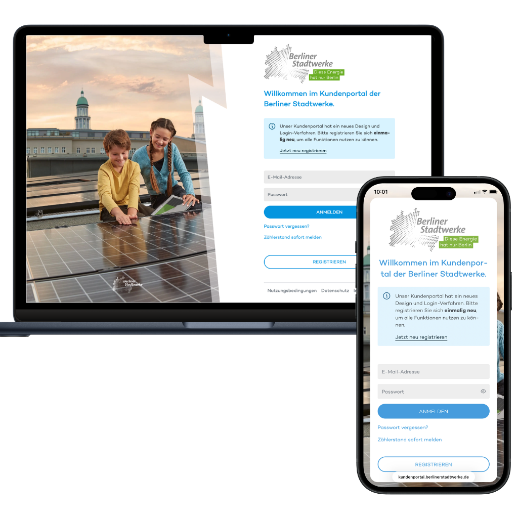 Das Bild zeigt ein MacBook und iPhone Mockup mit dem Startbildschirm zum Kundenportal der Berliner Stadtwerke